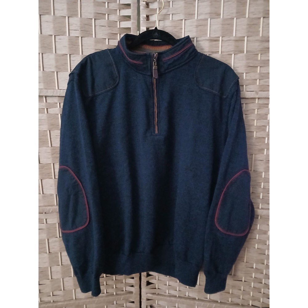 Orvis Men's Blue Merino Wool Quarter Zip Sweater Sz L Elbow Patches